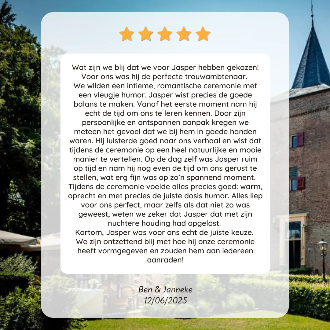 Vijfsterrenreview van Ben & Janneke over trouwambtenaar Jasper