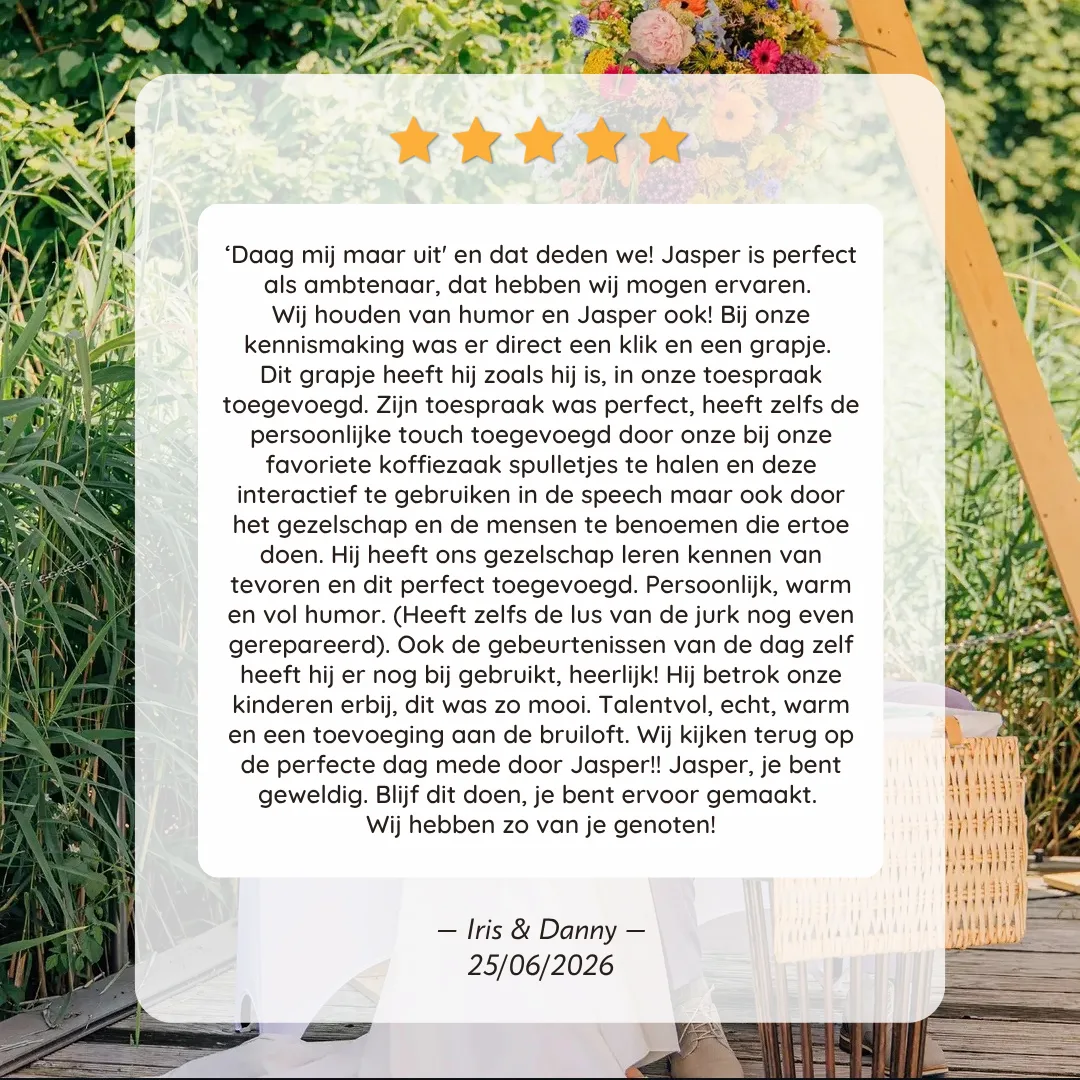 Review van een bruidspaar over trouwambtenaar Jasper Putter